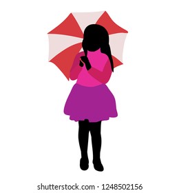 vector white background with colorful silhouette of little girl with umbrella