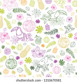 Vector white background with colourful tropical birthday party elements seamless pattern background with toucan and paper lanterns. Perfect for fabric, scrapbooking, wallpaper projects. 