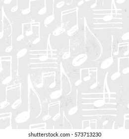 Vector White Background With Concrete Texture. Seamless Pattern With Hand Drawn Music Notes.