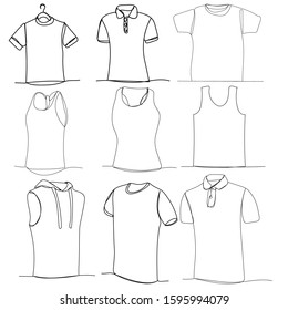 vector, white background, continuous line drawing men's t-shirt, set