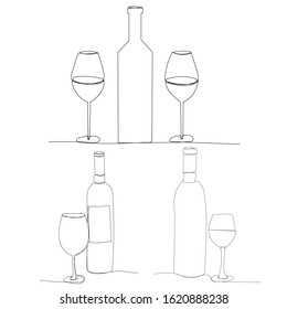 vector, white background, continuous line drawing of a bottle and glasses