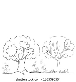 vector, white background, continuous line drawing of trees