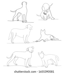 vector, white background, continuous line drawing of a dog set