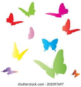 Vector white background with different colored butterflies.