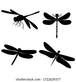 vector, white background, dragonfly silhouette, insect, set