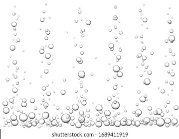 Vector white background with fizzing air bubbles going up in the water. Fizzy sparkles in aquarium. Underwater texture.