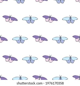 Vector white background white flowers seamless pattern. blue purple pink butteflies. Seamless pattern background