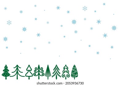 Fondo blanco vectorial con árboles verdes de Navidad bajo copos de nieve voladores. Año Nuevo o patrón de Navidad. Elemento de diseño
