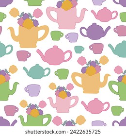 ilustración de fondo blanco vectorial elementos de fiesta de té jardín patrón sin fisuras perfecto para papel envoltorio, invitaciones, té alto, placas de papel, servilletas, papel estacionario, papel tapiz, proyectos, tela