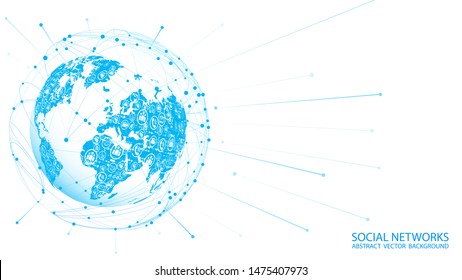 Vector white background. Light blue map of planet Earth with social icons. Global Internet. Technology and telecommunications. Countries and continents. Mobile communication and social networks.