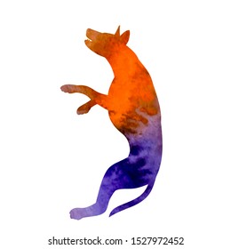 vector, white background, orange watercolor silhouette of a dog jumping