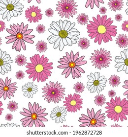 Vector white background pink daisy flowers and wild flowers. Seamless pattern background