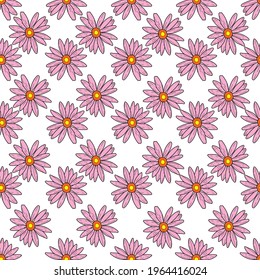 Vector white background pink daisy flowers and wild flowers. Seamless pattern background