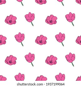 Vector white background white pink floral seamless pattern. Daisies, Lilies, Tulips. Seamless pattern background