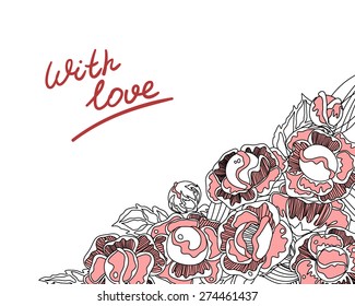 vector white background with pink flowers painted stroke and an inscription "With love"