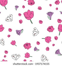 Vector white background white pink purple color tulips, floral seamless pattern. Seamless pattern background