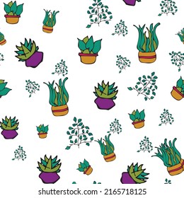 Planta de fondo blanco vectorial en la olla, suculenta el patrón sin fisuras. Fondo de patrón sin problemas