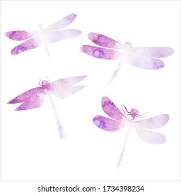 vector, white background, purple watercolor dragonfly silhouette fly