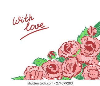 vector white background with red and pink flowers and the words "With Love"