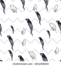 Vector white background tropical birds, parrots, macaw, exotic cockatoo birds. Seamless pattern background