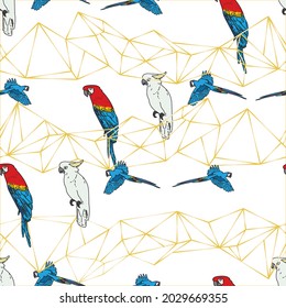 Vector white background tropical birds, parrots, macaw, exotic cockatoo birds. Seamless pattern background