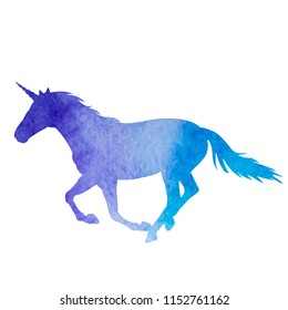 vector, white background, watercolor blue silhouette of a running unicorn