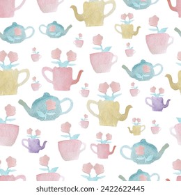 vector white background watercolor garden tea party elements cut out seamless pattern perfect for wrapping paper, invitations, high tea, paper plates, napkins, stationary, wallpaper, projects, fabric