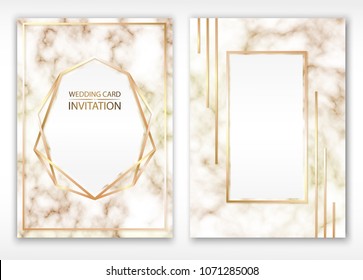 Vector. White background. Wedding card. Detailed texture of marble. Grainy surface. The effect of a flowing liquid. Gold geometric frame. Cover design. Template for invitations, brochures, postcards.