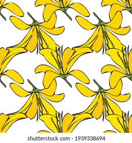 Vector white background yellow white floral birds seamless pattern. Lilies, birds. Seamless pattern background