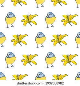 Vector de fondo blanco amarillo pájaros florales blancos sin fisuras. Lilies, pájaros. Fondo de patrón sin problemas