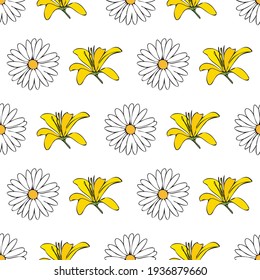 Vector white background white yellow lemony floral seamless pattern. Daisies, Lilies, Crocus. Seamless pattern background