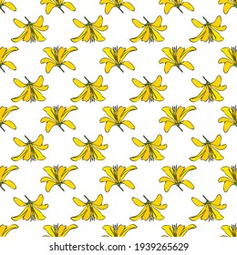 Vektorweißer Hintergrund, gelber, rosafarbener, nahtloser Muster. Lilien, Tulpen. Nahtloser Musterhintergrund