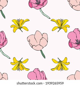 Vector white background yellow pink floral seamless pattern. Lilies, Tulips. Seamless pattern background