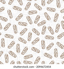 Vector white baguette french bread seamless pattern with canvas background 04. Perfect for bakery, menu or cafe wallpaper projects.