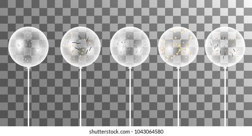 Vector white balloons with confetti  on a transparent background.