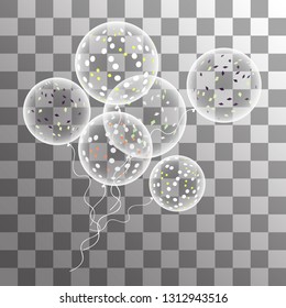 Vector white balloons with confetti on a transparent background