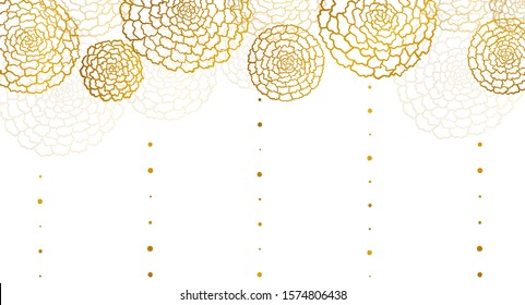 Vector white banner with golden marigolds and vertical lines of drops