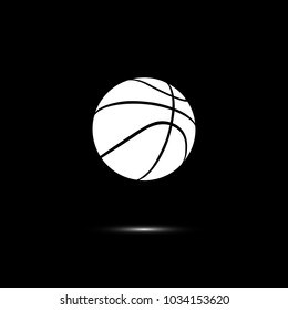 Vector white basketball ball line icon isolated on black background.