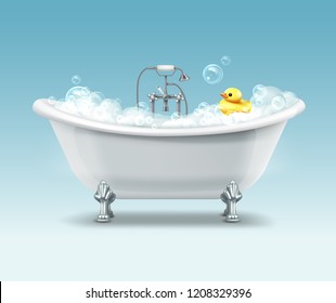 Vector white bathtub in vintage style with foam and yellow duck on gradient blue background