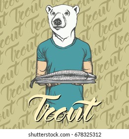 Vector white bear with fresh fish illustration. Vector food concept
