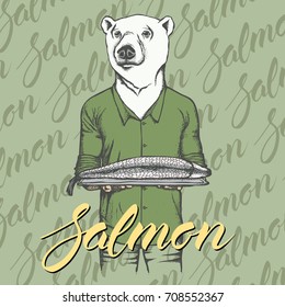 Vector white bear with fresh fish illustration. Vector food concept