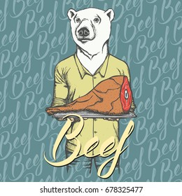 Vector white bear with meat ham illustration. Vector food concept