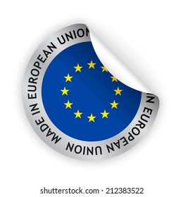 vector white bent sticker with flag of the european union and sign made in european union