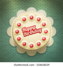 Vector white birthday cake with cream and cherries. View from above. Elements are layered separately in vector file.