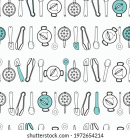 Vector White black blue kitchen utensils doodle background pattern