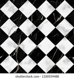 Vector white and black check marble seamless pattern. Repeat diagonal marbling surface, modern luxurious chessboard background, luxury wallpaper, textile print and tile.