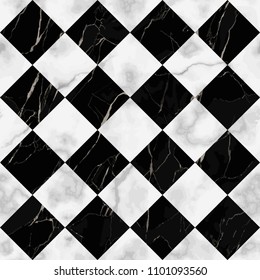 Vector white and black check marble seamless pattern. Repeat diagonal marbling surface, modern luxurious chessboard background, luxury wallpaper, textile print and tile.