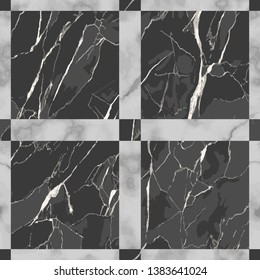 Vector white and black check marble seamless pattern. Repeat marbling surface, modern luxurious chessboard background, luxury wallpaper, textile print and tile.