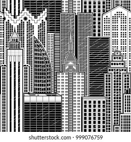 Vector White and Black City Skyline Seamless Pattern