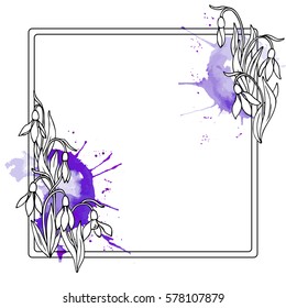 vector white black contour sketch of snowdrops flower frame with watercolor splash